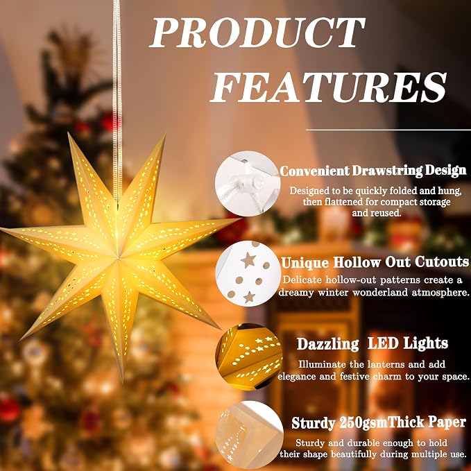 Large Paper Star Lanterns with Lights, 3D 7 Pointed Christmas Paper Lanterns, 3Pcs Foldable Decorative Christmas Hanging Decorations for Xmas Wedding New Year Party Home Decor Indoor, 24/18 Inch
