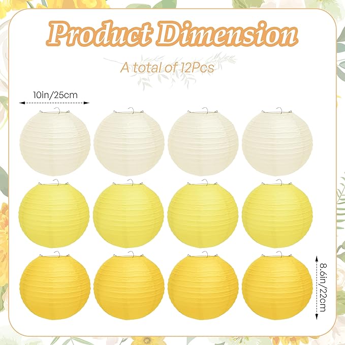12 Pcs Yellow Paper Lanterns, 10" Hanging Paper Lanterns, Yellow Party Decorations for Engagement Wedding Sunshine Birthday Party Classroom Home Decor