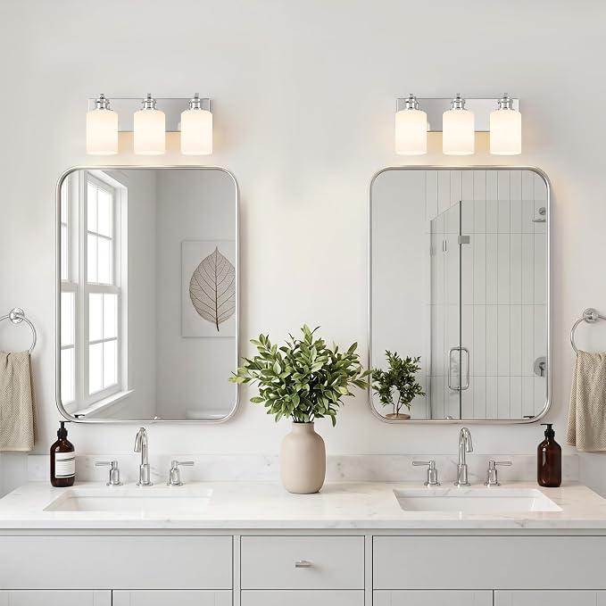 3-Light Chrome Bathroom Vanity Light Fixture, Vanity Lights for Bathroom | Modern Chrome Bathroom Vanity Light Fixture Over Mirror with White Glass Shade, Bathroom Wall Light Over Sink, 16.5 Inch
