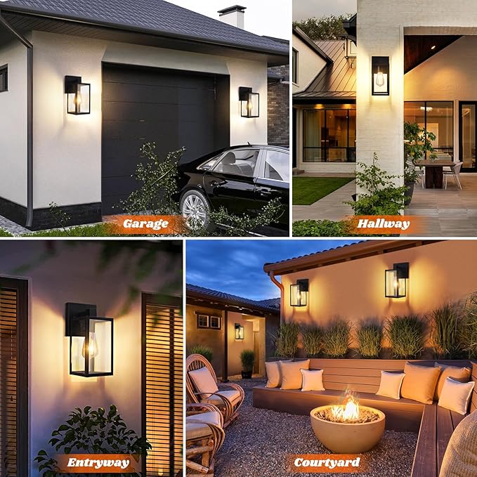 Brightever 2-Pack Outdoor Wall Lantern, Exterior Waterproof Wall Sconce Light Fixtures, Black Outside Wall Lights with Clear Glass for House, Porch, Front Door, Garage, Patio, Bulbs Not Included