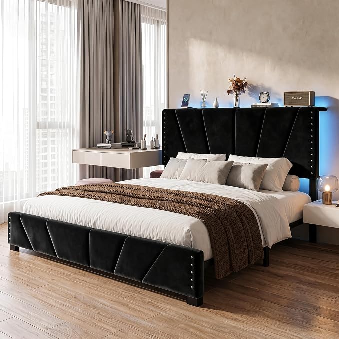 EnHomee King Size Bed Frame with LED Lights & USB, Noise-Free, Black | Adjustable Velvet Headboard，Under-Bed Storage，Heavy Duty Support with 12 Slats，No Box Spring Needed，Easy Assembly for Bedroom