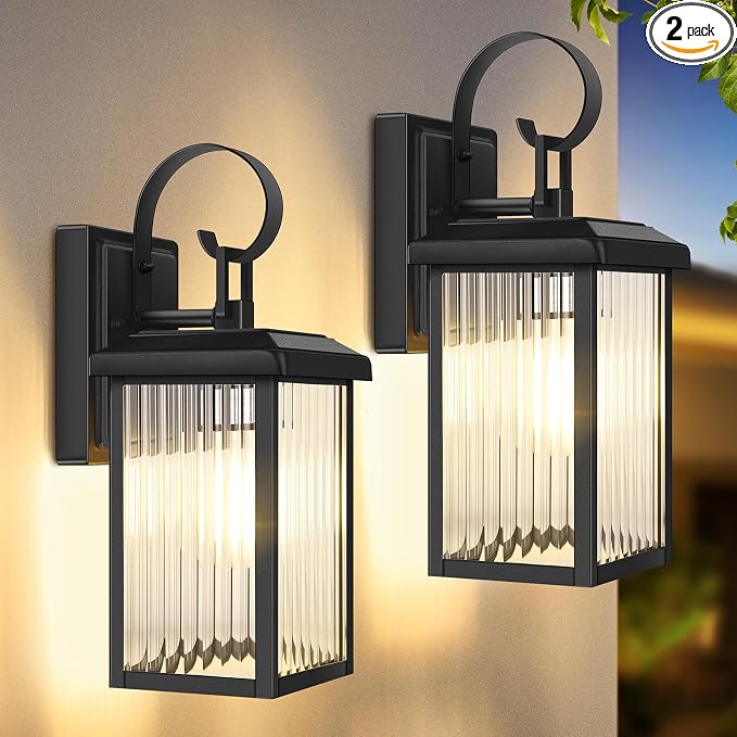 2-Pack Outdoor Wall Light Fixtures with Fluted Glass, Black | Waterproof, Rust-Resistant, Durable Metal, Standard E26 Socket, Easy to Install