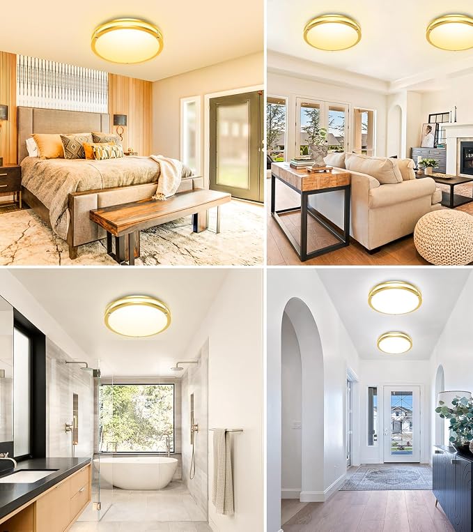hepside 2 Pack Flush Mount Ceiling Light Fixture, Dimmable & 5Color Temperatures Ceiling Light Gold, 16inch 36W 3000K 3500K 4000K 5000K 6500K Adjustable Ceiling Lamps for Bathroom Bedroom Hallway