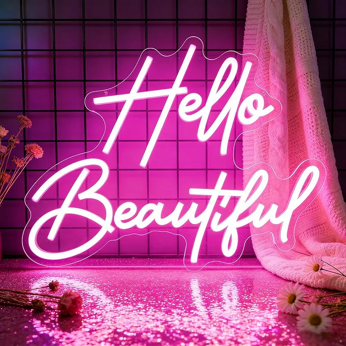 Hello Beautiful Neon Sign Pink Neon Sign Wall Decor Bedroom Beauty Room | Dimmable LED Pink Neon Light for Vanity Room Beauty Salon Makeup Lash Room Bachelorette Boutique Wedding Decor Gift for Girls