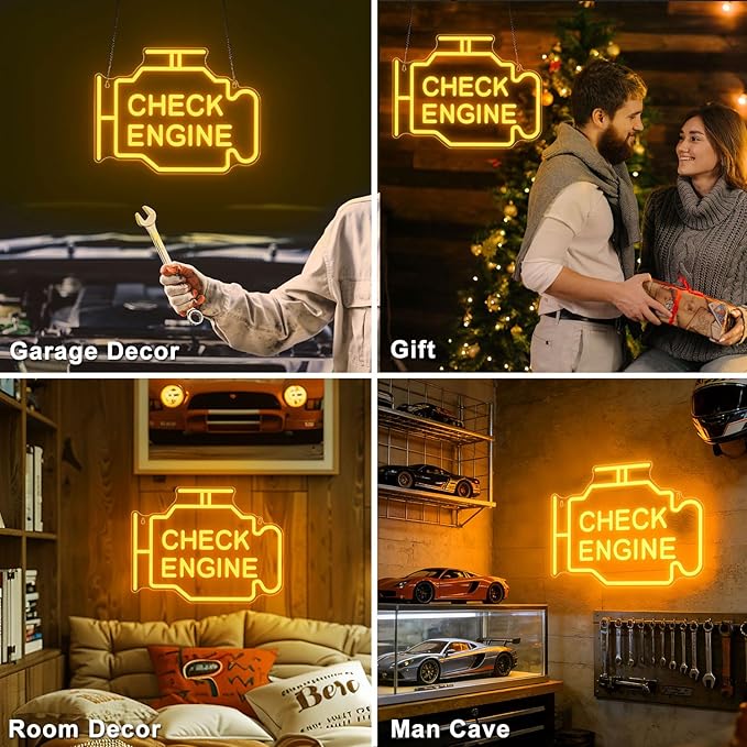 Check Engine Neon Signs for Wall Decor, Garage Led Neon Light Sign for Man Cave Decor, Funny Gifts for Dad & Car Guys, Mechanics, Auto Repair Shop, Workshop, Garage Decor, USB Powered