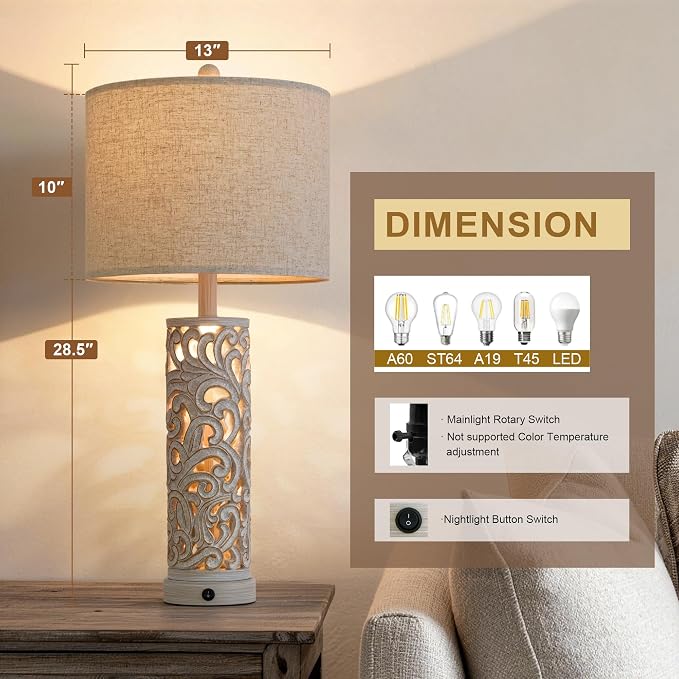 2-in-1 Light Table Lamp Set of 2 for Living Room, 28.5" Farmhouse Bedside Lamps with USB Charging Port, Main&Night Light & Dual Switches, Nightstand Lamp for Bedroom Home Office(Bulb Included)