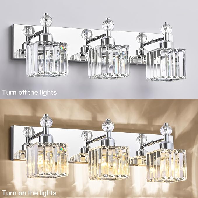PRESDE Crystal 3-Light Vanity Light for Bathroom，Chrom Modern Bathroom Lights Fixtures Over Mirror