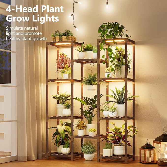 Plant Stand with Grow Light - Large Plant Stand Indoor for Multiple Pots, 10 Tiered Plant Shelf Wood Plants Holder Rack for Living Room, Patio, Garden, Corner, Home Decor
