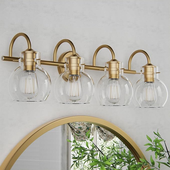 4-Light Gold Bathroom Vanity Light Fixtures, 24 Inch Over Mirror with Clear Glass Shade Wall Mounted Sconces for Bathroom, Living Room, Hallway, E26 Base