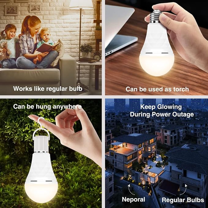 Neporal A19 Rechargeable Light Bulbs, Socket Rechargeable Emergency Light Bulb for Power Failure, 1200mAh Battery Backup Light Bulbs for Home, Hurricane, Led Bulb 60 Watt Equiv. (Soft WHITE-6PK)
