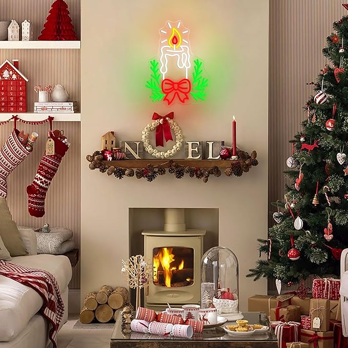 Candle Christmas Neon Sign with Dimmable Switch Christmas Bow Holly Neon Light Sign for Xmas Pray Home New Year Party Church Wedding Store Wall Decorations