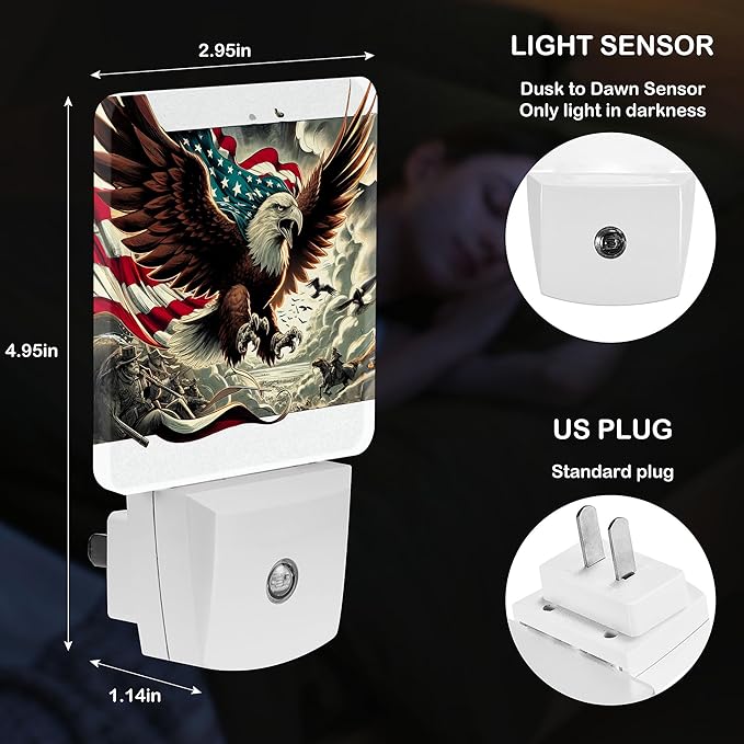 LED Night Light Lamp with Smart Sensor Dusk to Dawn Sensor,Bald Eagle Spreads Wings with American Flag American Patriotism Historical Military Night Light Daylight White,0.5W Plug-into Wall