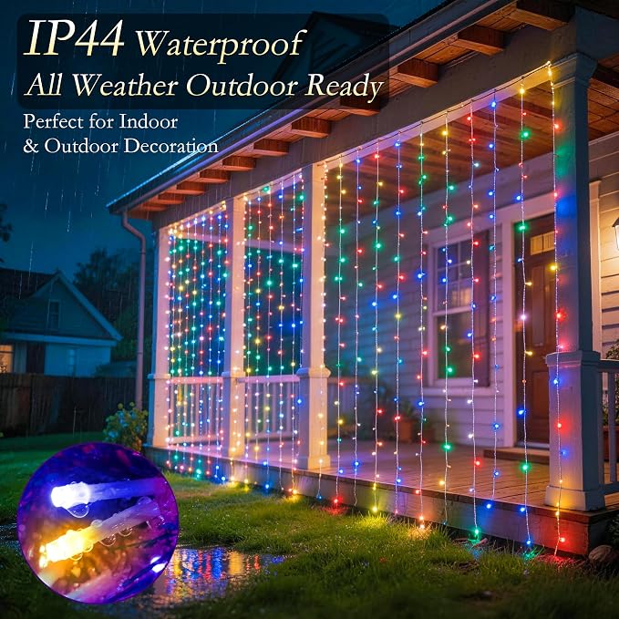 Curtain String Lights Indoor, 200LED 6.6 * 6.6FT USB Plug-in Window Curtain Lights with Timer and 8 Modes, Waterproof Multicolor Curtain Fairy Lights for Bedroom Room Wedding Outdoor Decor