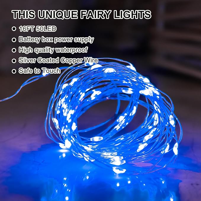 Blue Fairy Lights Battery Operated (Included), 8 Modes & Auto Timer, 2 Packs 5m 50Led Mini Twinkle Silver Wire Firefly Starry Lights, Waterproof Battery Operated Lights for Wedding Parties