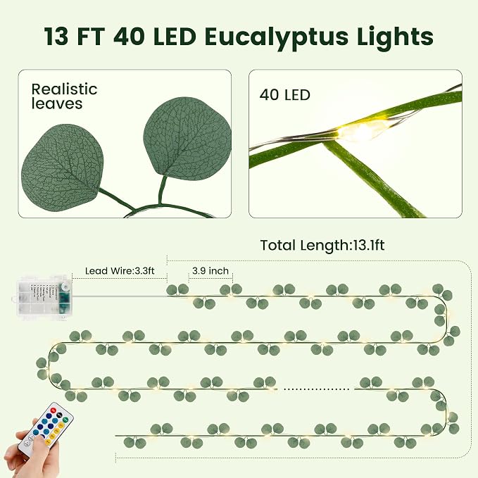 HEYFUNi 13FT Eucalyptus Garland with Lights & Remote， USB & Battery | 40 Warm White LEDs, Fake Eucalyptus Vine with Fairy Lights, Timer, 8 Modes, Dimmable For Bedroom Wall, Dorm, Wedding Decor