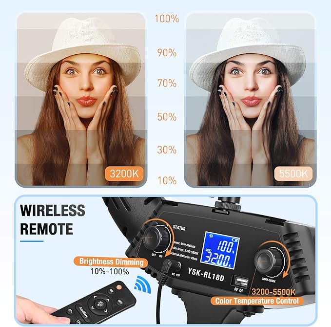 Yesker Ring Light 18" Wireless Remote LCD Screen with Tripod Stand 65W LED Ringlight Bi-Color 3200-5500K CRI≥95 for Portrait Live Stream Photography Tiktok Video Zoom Meeting Online Teaching