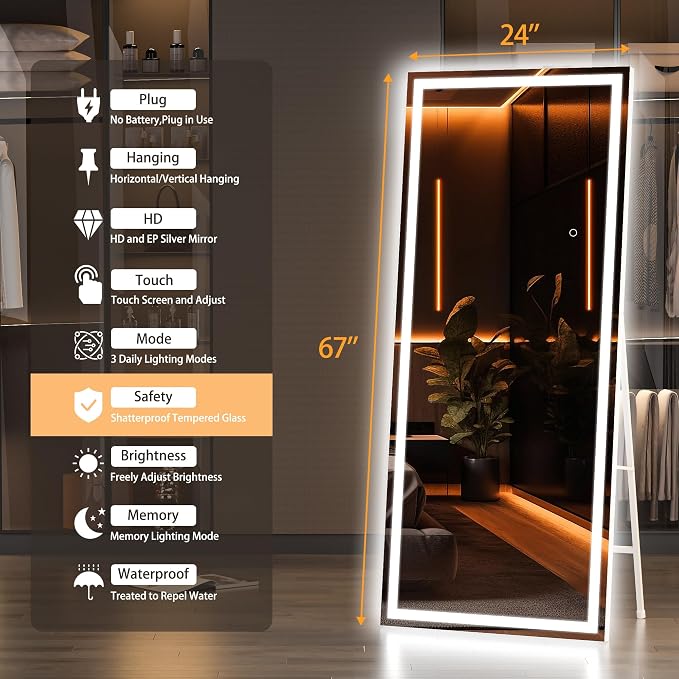 Hasipu Full Length Mirror with Lights, 67" x 24" LED Lighted Floor Standing, Full Body Dressing Hanging Mounted Mirror, Tempered Glass, Square White
