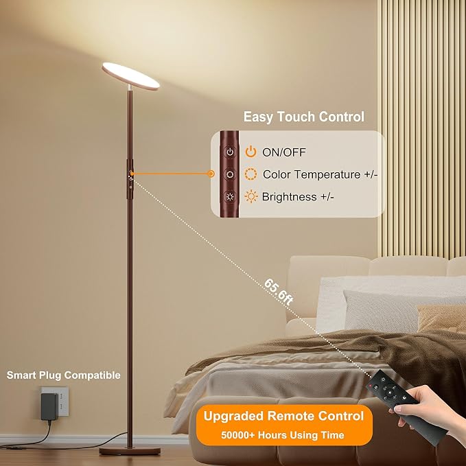 69" LED Floor Lamp, 3600LM Torchiere Modern Standing Lamp for Living Room | 350W Equivalent, Stepless Dimming 2700K-6500K, Remote & Touch Control, Super Bright, Floor Lamp for Living Room Bedroom,Brown