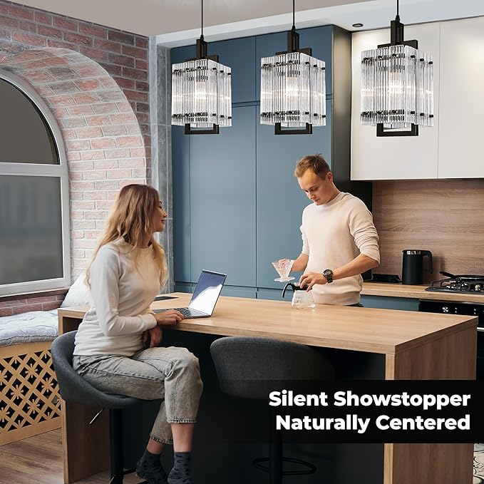 IKK Black Pendant Light for Kitchen Island, Luxury Ribbed Glass Chandelier Lights Fixture, Modern Elegant Adjustable Pendant Lighting for Dining Room Bedroom, E26 Bulb, L6.5'' x H14''