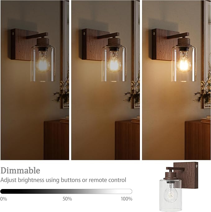 Rayogale Walnut Battery Operated Wall Sconce Set of Two with Remote Control | Dimmable Rechargeable Wall Lights with Timer, Easy Install Glass Lamp for Living Room Bedroom, Emergency 3000K