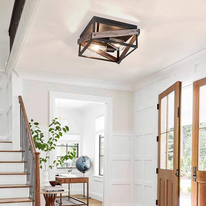 Mayful 2-Light Bronze Farmhouse Flush Mount Ceiling Light Fixturet, Rustic Hallway Light Fixtures with Wood & Metal Design, Industrial Close to Ceiling Light Fixtures for Kitchen Entryway Foyer