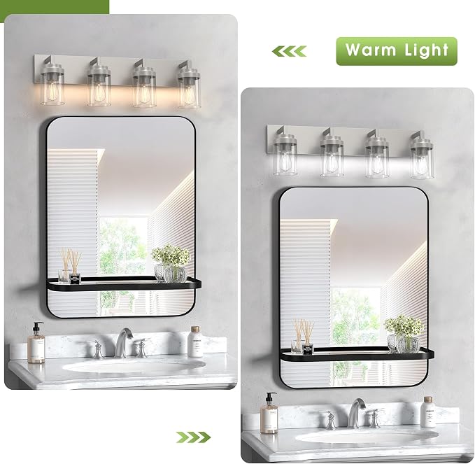 Bathroom Lighting Fixtures, 4-Light Bathroom Vanity Lights Over Mirror, Brushed Nickel Vanity Light with Glass Shade, Modern Vanity Lighting Fixtures for Bathroom, Bedroom, Hallway