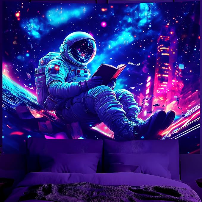 BVBOX Astronaut Space Blacklight Tapestry 59"x51", UV Reactive Astronaut Reading Universe Galaxy Planet Glow in Dark Tapestries, Black Light Neon Upright Poster Wall Hanging Backdrop Decor for Bedroom Living Room