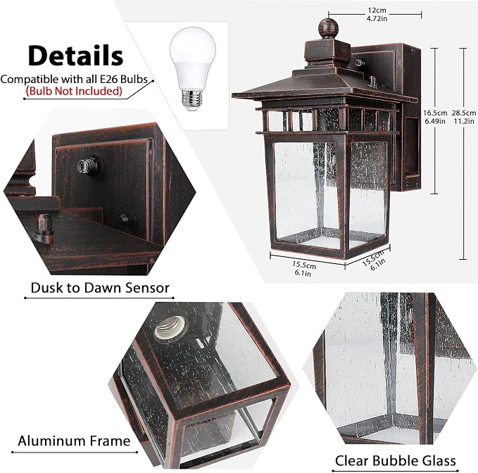 Outdoor Light with GFCI Outlet Antique Black and Bronze Gold,Dusk to Dawn Porch Lights Outdoor,Waterproof Exterior Wall Light Fixture,Aluminum Wall Sconce,Front Door Light Outside Lights for House