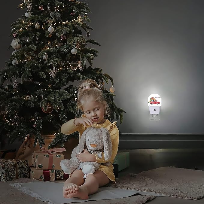 Merry Christmas Night Light,Dusk to Dawn Round Red Truck Gifts Night Lights Plug Into Wall for Home Indoor Staircase Kitchen Corridor