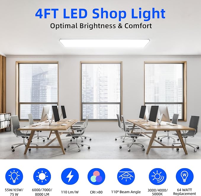 hykolity 4FT 7" Width LED Wraparound Light with 3 Wattages/3 CCT Selectable | 4 Foot LED Wrap Light Fixture Flush Mount, Hardwired, Replaces 2 Lamp 32W Fluorescent, for Office Ceiling Light, ETL,1 Pack