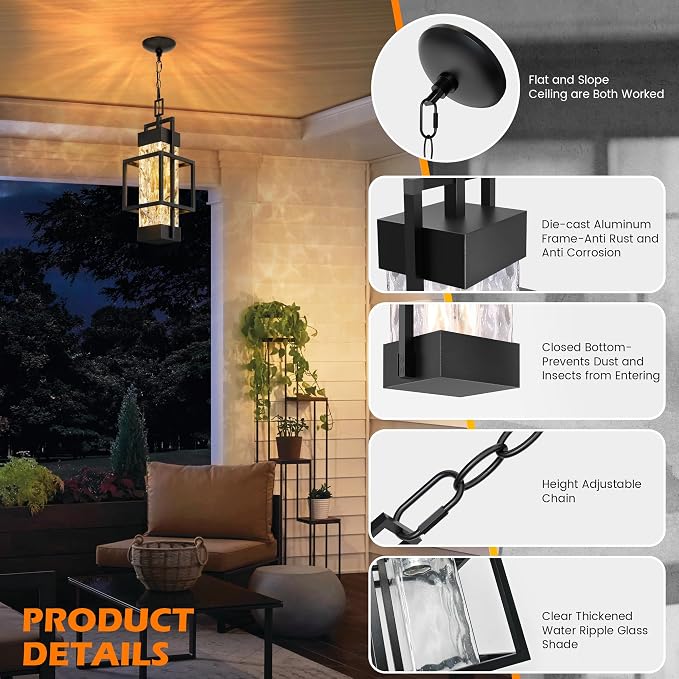 Hotsonic 15'' Outdoor Indoor Pendant Celing Light Fixture, Modern Exterior Hanging Chandelier Porch Lights, Black Aluminum Outside Lantern Lamp for Entrance Foyer Entryway (Bulb Included)