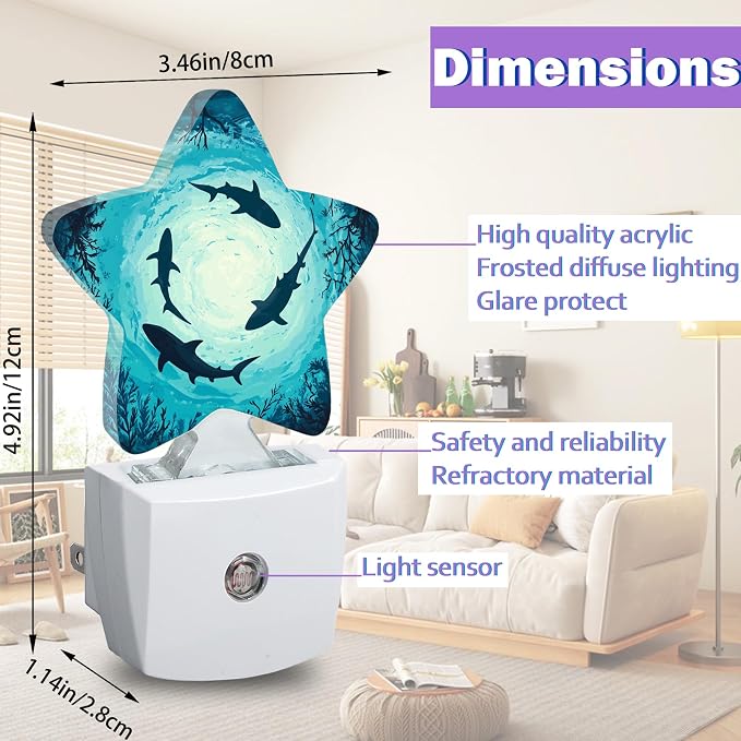 Night Lights Plug Into Wall Decorative,Shark Nightlights for Kids Bedroom, Green Ocean Energy Efficient Dusk-to-Dawn Sensor Sleep Friendly Lamp for Nursery Bathroom