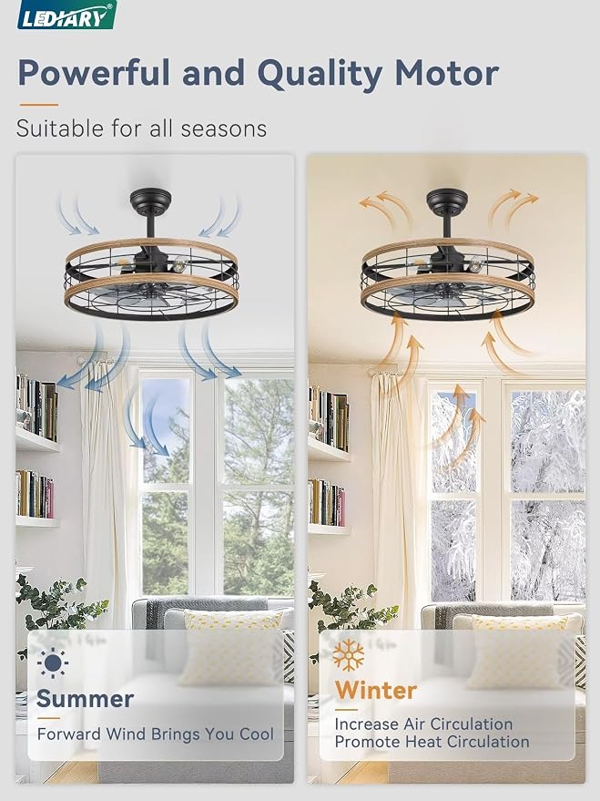 LEDIARY 22 inch Caged Fandelier Ceiling Fan Light with Remote, Brown | 6 Speed Adjustable,Timing, Quiet & Powerful DC, Large, Farmhouse, Industrial, Enclosed, Bladeless, Bedroom, Kitchen, Downrod