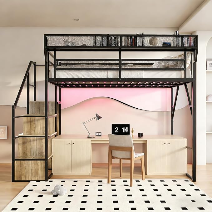 Queen Size Metal Loft Bed with Storage Shelf Built-in USB Port | Heavy Duty Loft Bed with Storage Stairs & Wardrobe+ LED Lights, Large Under-Bed Area, Noise Free, No Box Spring Needed