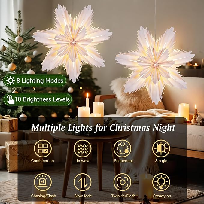 Lewondr Christmas Paper Star Lantern 2 Pack, Hanging Cherry Blossom Light with Remote Control, LED Paper Lanterns with 6H Timer for Holiday Home Decoration, 17.72 × 17.72 × 1.97 Inch, Warm Light
