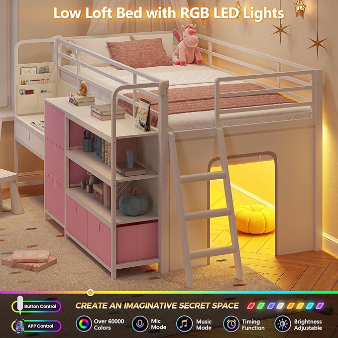 DICTAC Low Loft Bed with Desk and 6 Storage Drawers Twin Loft Bed with Bookshelf,LED Lights & Under-Bed Play Space,Kids Twin Beds with 13.8''H Safety Guardrail,Inclined Ladder&Play Curtain,Pink+White