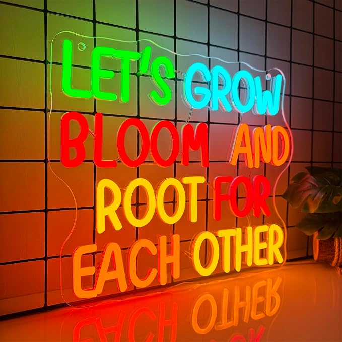 Lets Grow Bloom And Root For Each Other Wall Art Hanging Neon SIign Boho Classroom Neon Light Wall Decor for Classroom Poster Homeschool Therapy Office Playroom Decor Motivational Inclusive Class(13.3*11.4in)