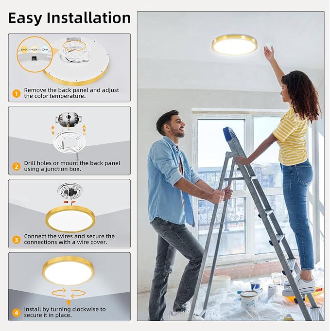 Hlite 12 Inch Flush Mount LED Ceiling Light,2400LM,3CCT,4 Pack | 24W 3000K/4000K/5000K Selectable,Low Profile Ceiling Light Fixtures for Kitchen Bedroom Hallway Laundry Room Closet, Gold