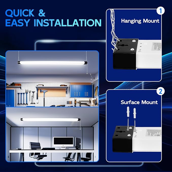 hykolity 4FT LED Shop Light Linkable,8000LM(300w Equivalent),5000K | 70W Utility Shop Lights for Garages, Workshops, Basements, Hanging or FlushMount, with Power Cord and Pull Chain, ETL, 4 Pack