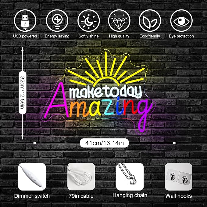 Horseneon Make Today Amazing Neon Sign Colorful Sun LED Light Neon Signs Wall Decor for Classroom, Library, Study Room & Bedroom, USB-Powered with Adjustable Brightness