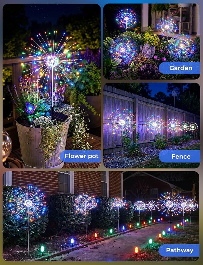 Multicolor Solar Lights Outdoor, 2 Pack 180LED Solar Garden Lights for outside, 8 Modes Firework Fairy light for Yard Pathway 4th of July Carnival Juneteenth Christmas Decor, Red/Yellow/Blue/Green | Red/Yellow/Blue/Green, 8 Modes Firework Fairy Light, ...