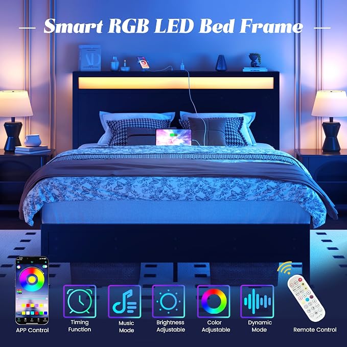 Fluest Full Bed Frame with Headboard & Footboard, Full Bed Frame with Built-in Charging Station & LED Light, Storage Shelf, Noise-Free, No Box Spring Needed, Easy Assembly, Classic Black