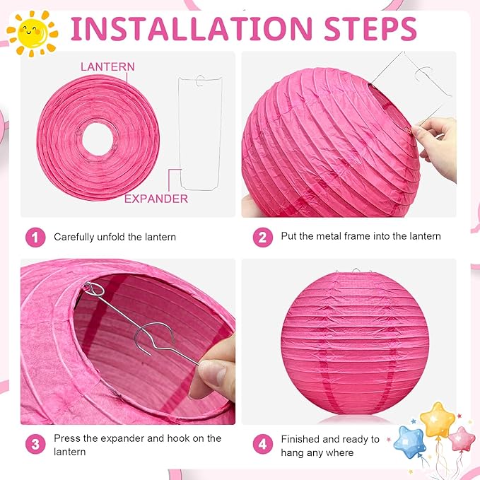 16 Pcs Paper Lanterns Hanging Round Pink Paper Lantern Decorative 6" 8” 10”12" Four Colors Chinese Lanterns for Birthday Wedding Party Decoration Baby Showers Valentine Indoor Outdoor