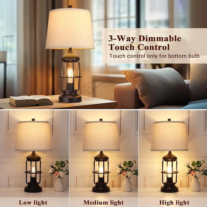 QiMH 23" Table Lamps Set of 2, Farmhouse Industrial Bedside Lamp | 3-Way Dimmable Touch Control, Rustic Nightstand Lamp for Bedroom, USB A+C Ports, Night Light, 2700K Bulb Included