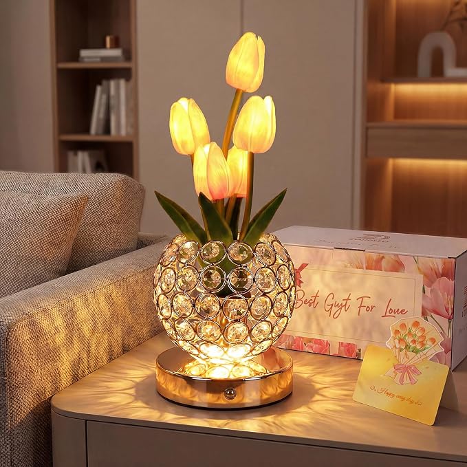 Birthday Gifts for Women Mothers Day Gifts/for Mom Tulip Table Lamp | 3 Color Crystal Flower Bedside Lamps Infinitely Dimming with USB Charge Small Night Light,Night stand Touch Lamp(pink-tulip)