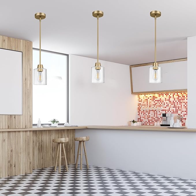 3 Pack 1 Light Brass Pendant Lights Kitchen Island, Gold Modern Chandelier Clear Glass Shade, Adjustable Multiple Stems Rods Hanging Farmhouse E26 Socket Light for Dining Room Bedroom Bar