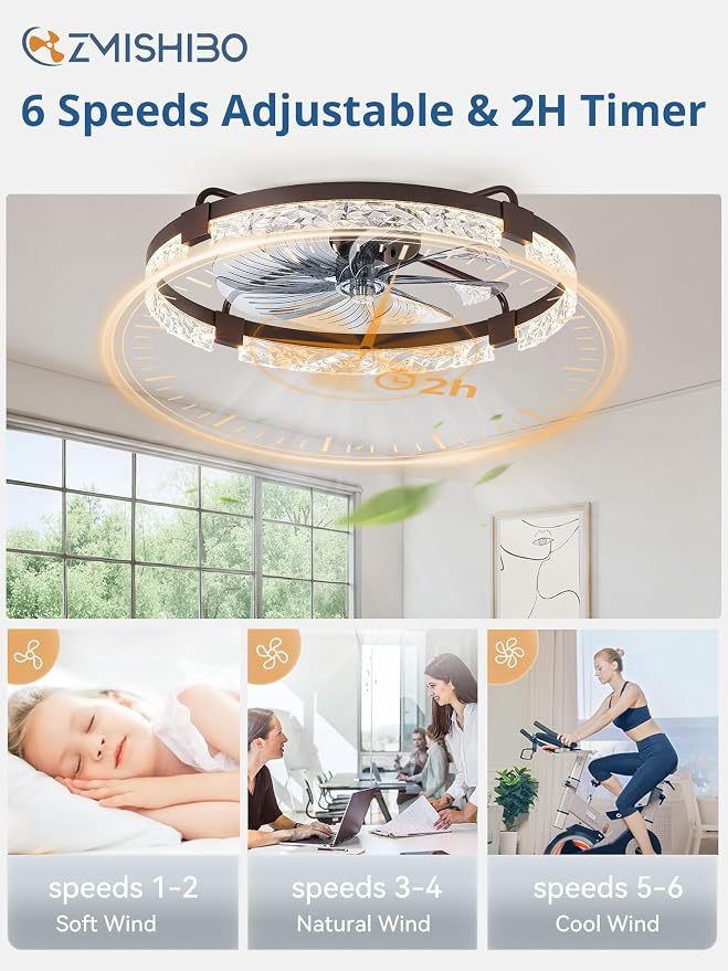 ZMISHIBO 24 Inch Ceiling Fans with Lights, Flush Mount Remote & App Control | 3CCT Dimmable LED, DC Motor, Bladeless, Reversible Blade, 6 Speeds, Modern, Low Profile, Enclosed, Bedroom, Kids, Girl, Adult