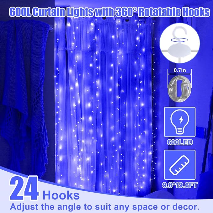 Fairy Curtain Light, 600LED 19.6x9.8ft, Remote & 8 Modes, USB | Window Hanging String Light, Silver Copper Wire, For Bedroom, Wedding, Party, Backdrop, Window, Xmas Decor, Blue