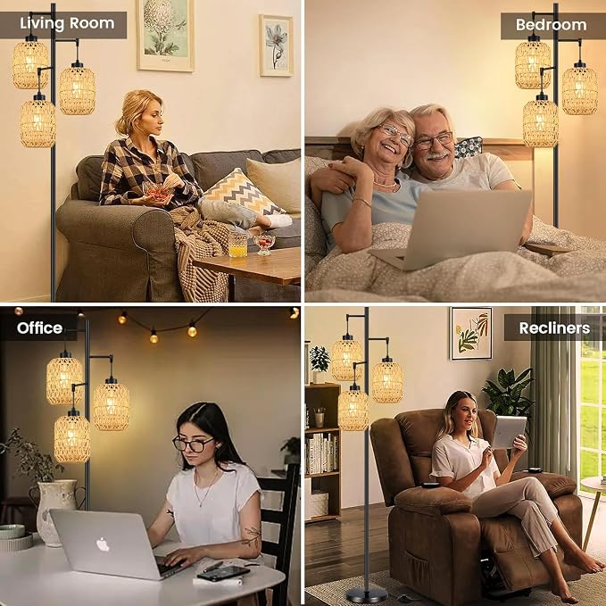 QIYIZM Floor Lamp for Living Room,Bedroom,Boho Rattan Tree 3 Lights Farmhouse Floor Lights,Industrial Black Standing Lamp Wicker Rustic Tall Lamp,Woven Bamboo LampShade Floor Lamps Bohemian
