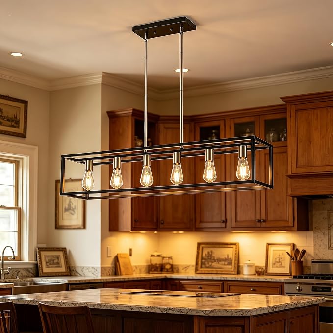Rectangle Chandeliers Kitchen Light Fixtures Farmhouse Dining Room Light for Dining Rooms,Black&Brushed Brass Light Fixture Matte 6-Light Industrial Pendant Lighting